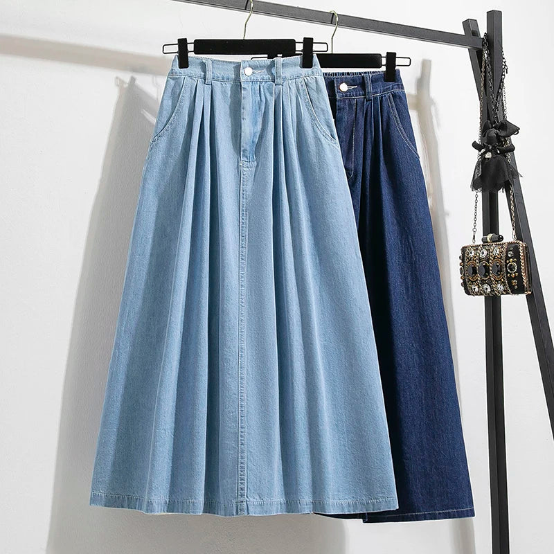 Plus Size Korean Denim Skirt | 2025 Empire Waist A-Line | Adjustable Length Pleated Maxi Skirt