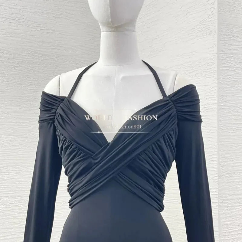 Summer Black Halter Bodysuit for Women – Off Shoulder, Cut-Out Waist, Ruched Detailing, Trendy Beachwear 2025