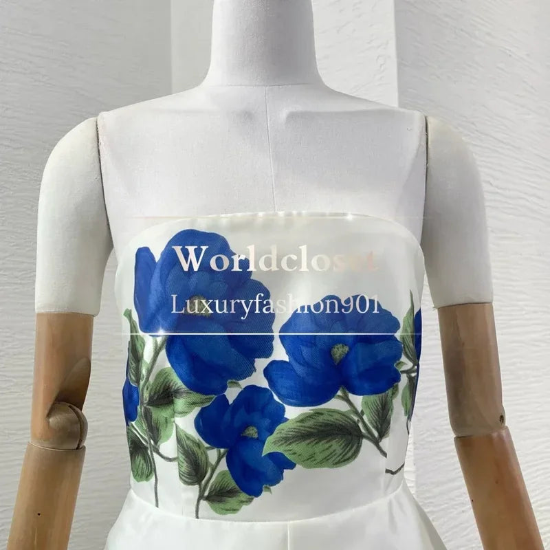 Luxury White & Blue Rose Ball Gown Maxi Dress | Strapless Vintage Floral Party Dress with Empire Waist - 2025 Collection