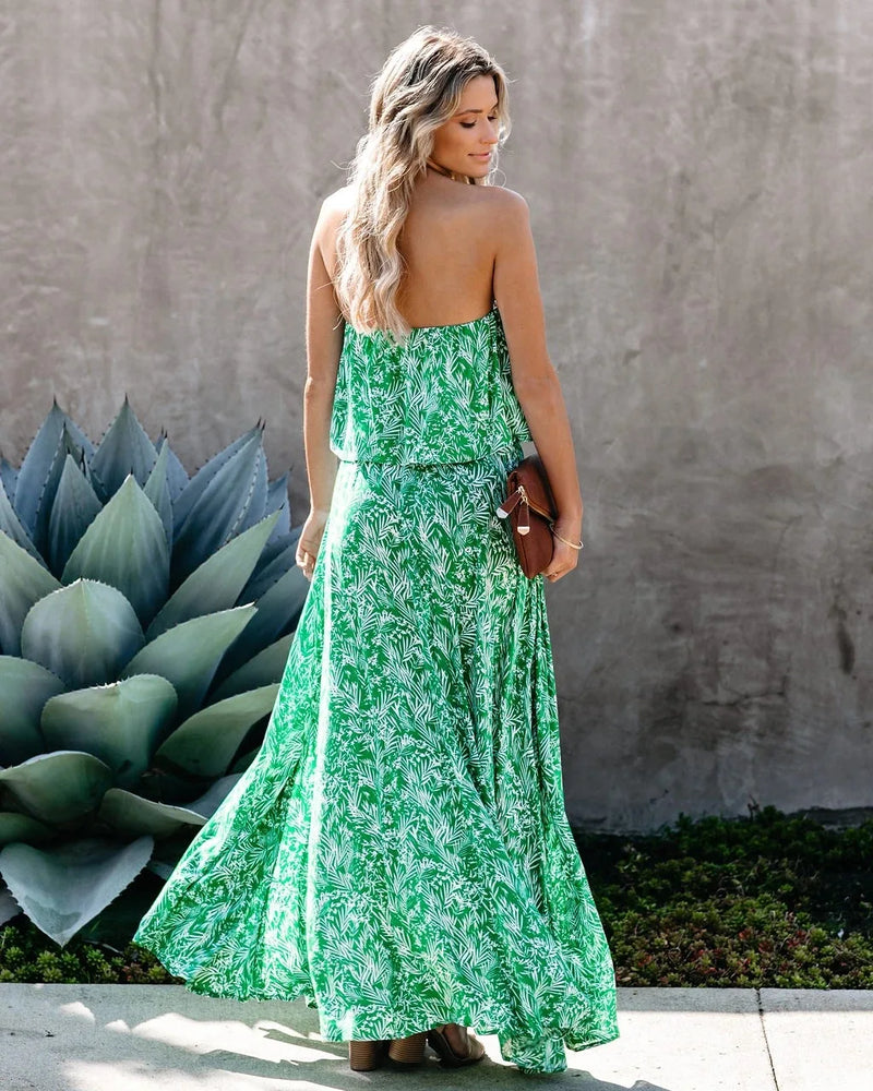 Boho Print Maxi Dress: Off-Shoulder Chiffon A-Line Dress with Ruffle Split & Chest Wrap