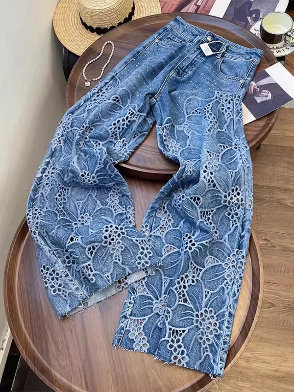 Women's Floral Embroidery Wide Leg Jeans | High Waist Lace-Spliced Summer Pants | Breathable Hollow Out Denim