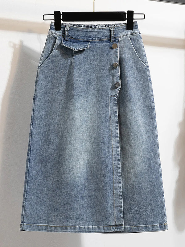 Plus Size Empire Waist Denim Skirt | Adjustable Length Skirt | Korean A-Line Lined Skirt