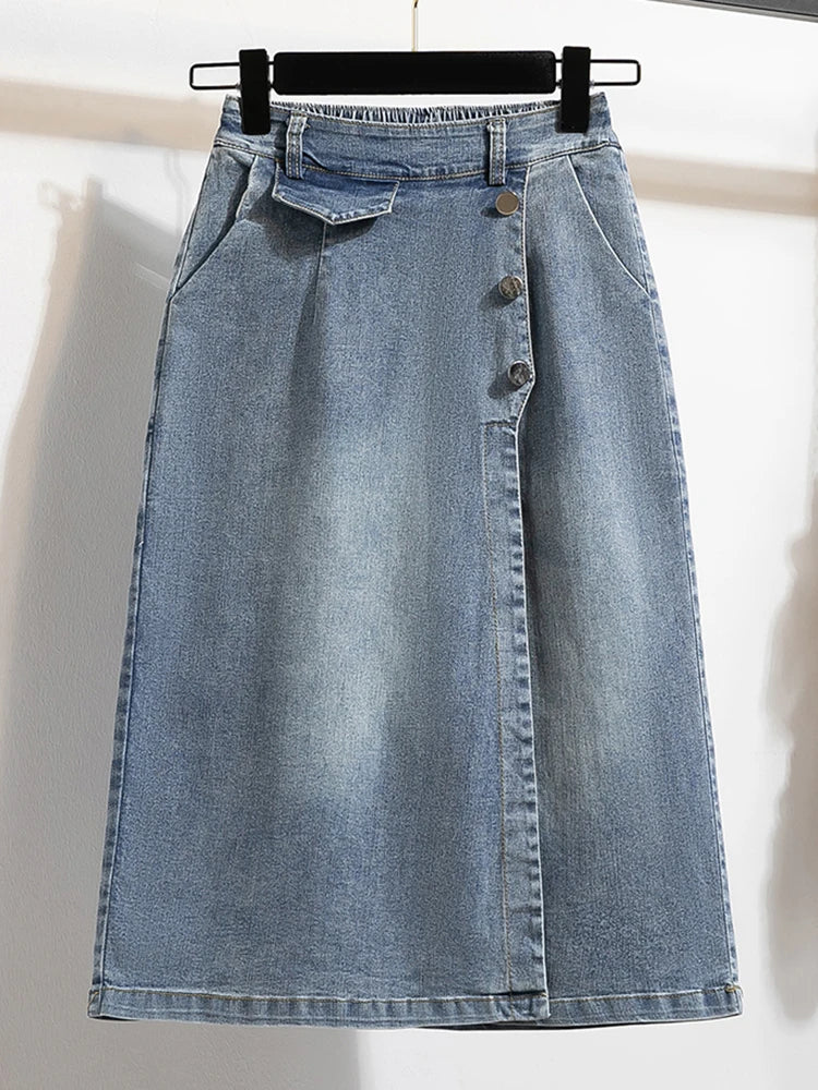 Plus Size Empire Waist Denim Skirt | Adjustable Length Skirt | Korean A-Line Lined Skirt
