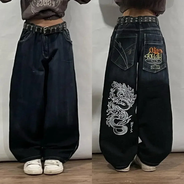 Dragon Embroidered Wide-Leg Jeans | Women's Harajuku Streetwear | High-Waisted Hip-Hop Pants
