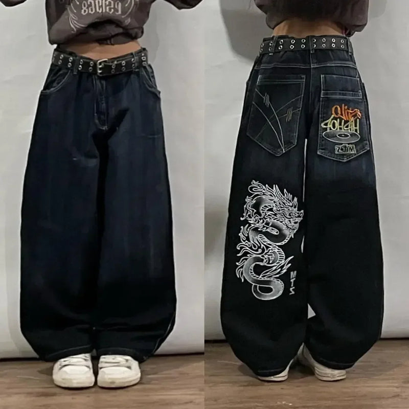 Dragon Embroidered Wide-Leg Jeans | Women's Harajuku Streetwear | High-Waisted Hip-Hop Pants
