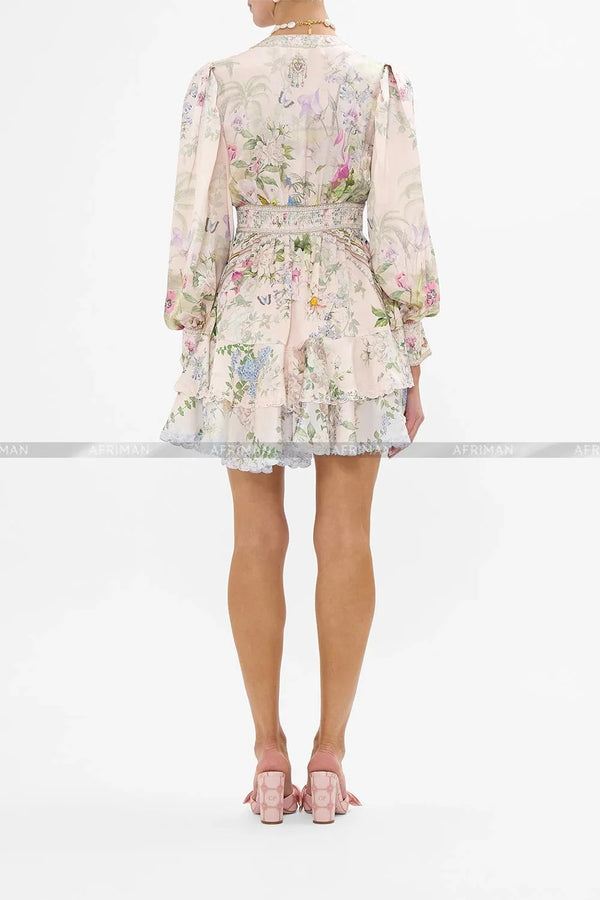 Women's Silk Mini Dress | Vintage V-Neck with Crystal Beads & Floral Print