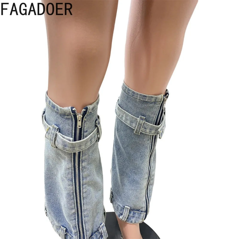 FAGADOER Women's Denim Mini Dress - Long Sleeve Cowboy Style w/ Detachable Leg Garter & Pockets | Blue Western Streetwear