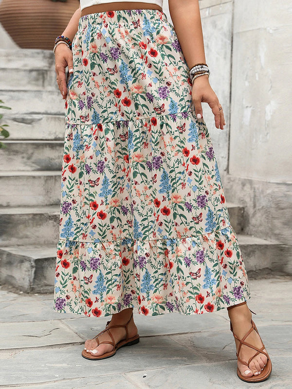 Plus Size Boho Velvet Midi Skirt | Vintage Diamond Print | Elastic Waist Flowy Silhouette