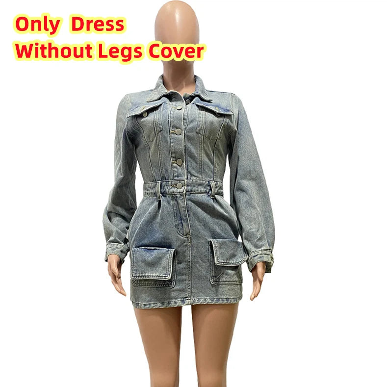 FAGADOER Women's Denim Mini Dress - Long Sleeve Cowboy Style w/ Detachable Leg Garter & Pockets | Blue Western Streetwear