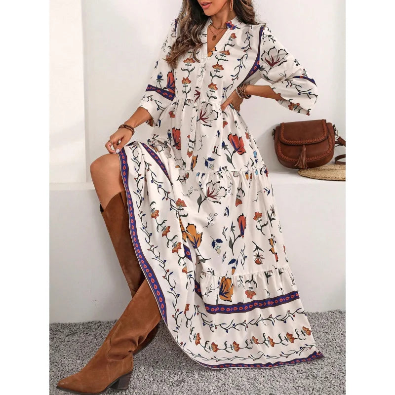 Boho Floral Lantern Sleeve Maxi Dress | V-Neck Ankle-Length Summer Dress with Sash Detail - Beach Cover Up & Vacation Outfit