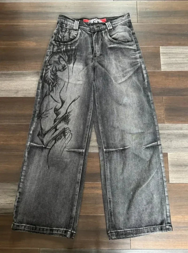 Gothic Flame Embroidered Wide-Leg Jeans | Women's High-Waisted Retro Pants | Hip-Hop Streetwear