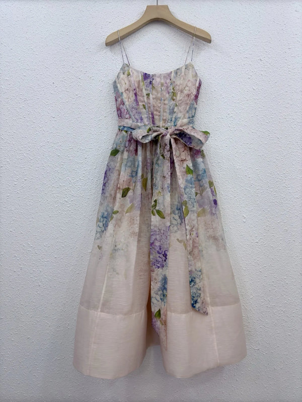 Bohemian Floral Print Midi Dress - Women's Spaghetti Strap Summer Dress with Lace-Up Back (Hemp Blend)