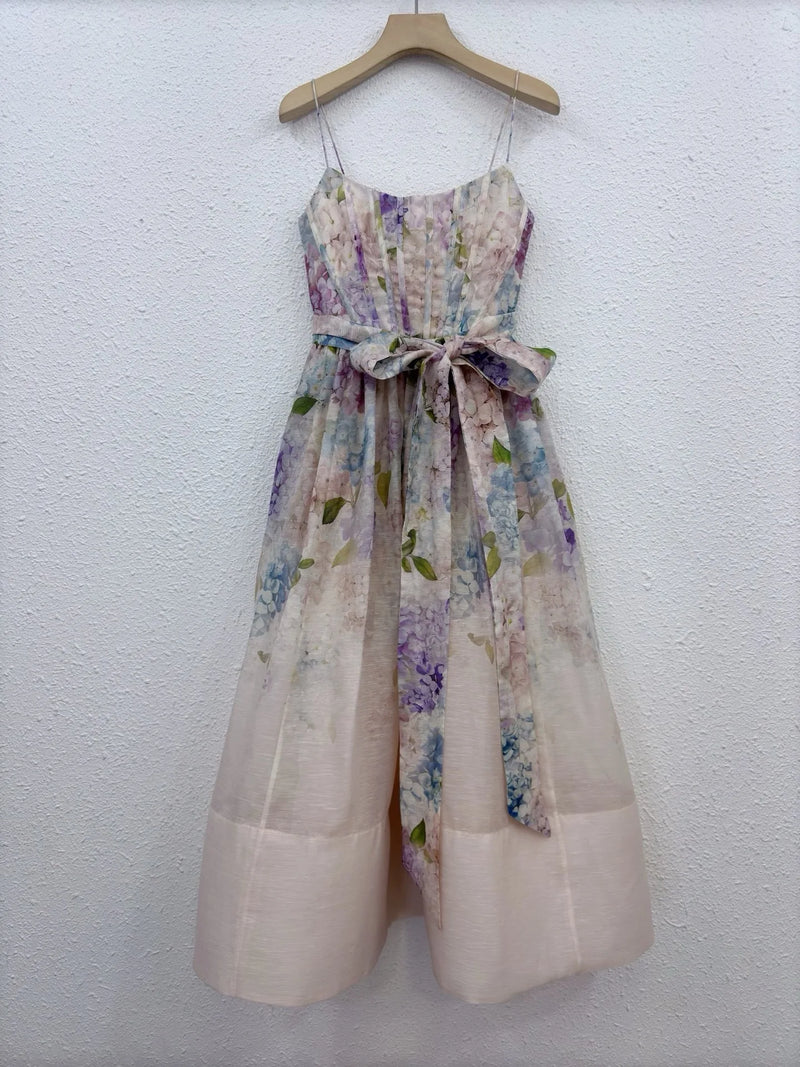 Bohemian Floral Print Midi Dress - Women's Spaghetti Strap Summer Dress with Lace-Up Back (Hemp Blend)