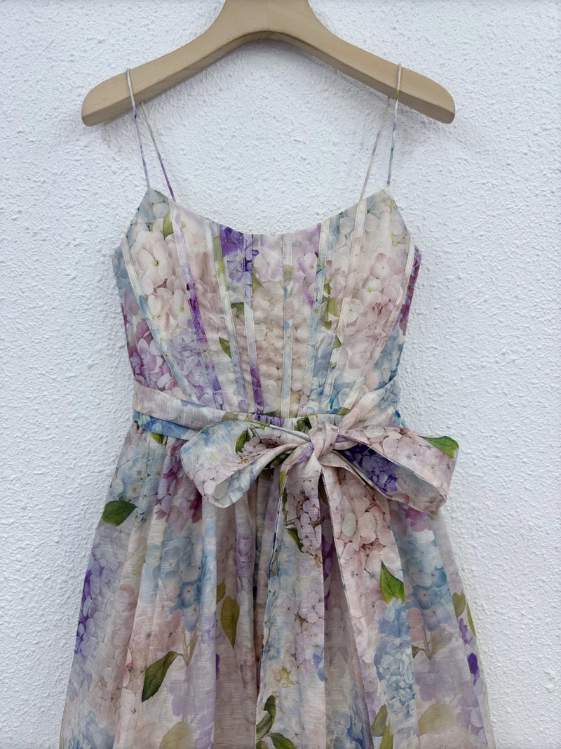 Bohemian Floral Print Midi Dress - Women's Spaghetti Strap Summer Dress with Lace-Up Back (Hemp Blend)