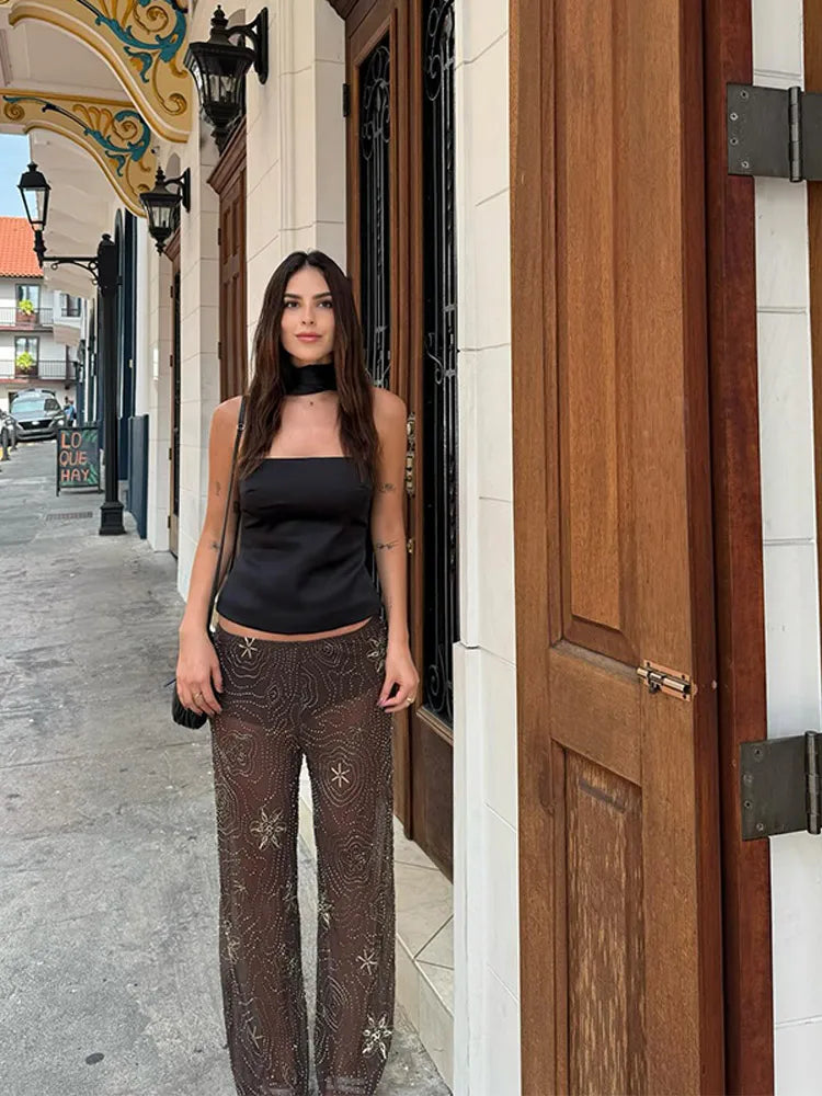 Women's Sheer Beaded Wide-Leg Pants | Brown Shiny Mesh Trousers | Holiday Streetwear with Elastic Waist & Appliqué Details