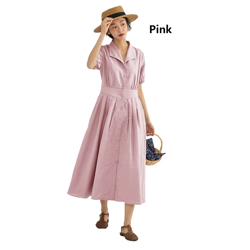 Vintage Linen Midi Dress | Elegant Lapel Collar Dress with Lantern Sleeves - Women's Single-Breasted Summer Dress