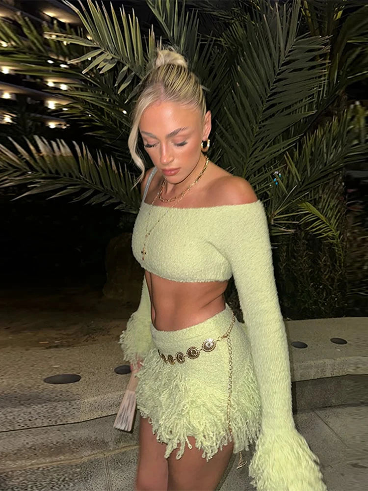 Women’s Off-Shoulder Tassel-Knit Long-Sleeve Crop Top & High-Waist Mini Skirt Two-Piece Beach Set