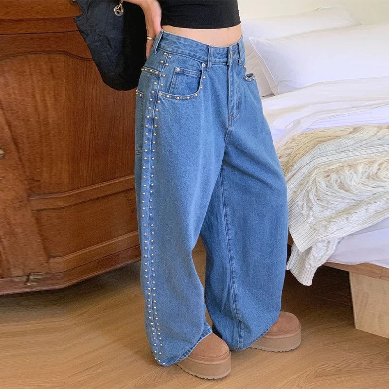 Women's Wide-Leg Jeans | High-Waisted Metal Rivet Denim | Distressed Vintage Trousers with Embroidered Flares