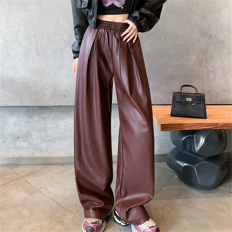 Women's Vintage PU Leather Pants | High Waist Wide-Leg Trousers | Adjustable Lace-Up Waist + Pockets