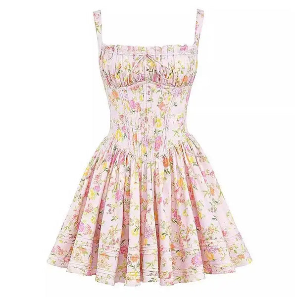 BOHO INSPIRED Women's Adjustable Floral Mini Dress - Pintuck Detail & Lace Trim | Summer Boho Party Dress