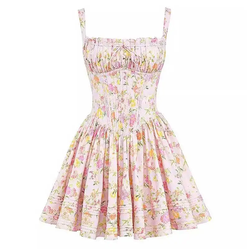 BOHO INSPIRED Women's Adjustable Floral Mini Dress - Pintuck Detail & Lace Trim | Summer Boho Party Dress
