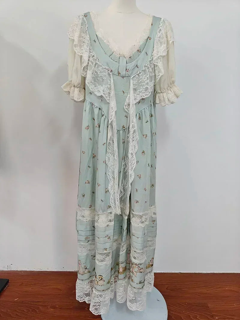 French Prairie Midi Dress | Lace Patchwork V-Neck Dress - Women's Puff Sleeve Summer Dress with Slim Fit