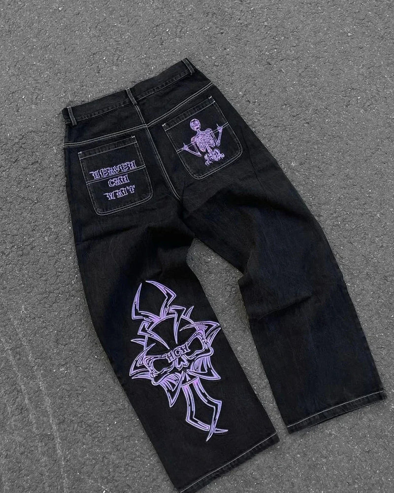 Dragon Embroidered Wide-Leg Jeans | Women's Harajuku Streetwear | High-Waisted Hip-Hop Pants