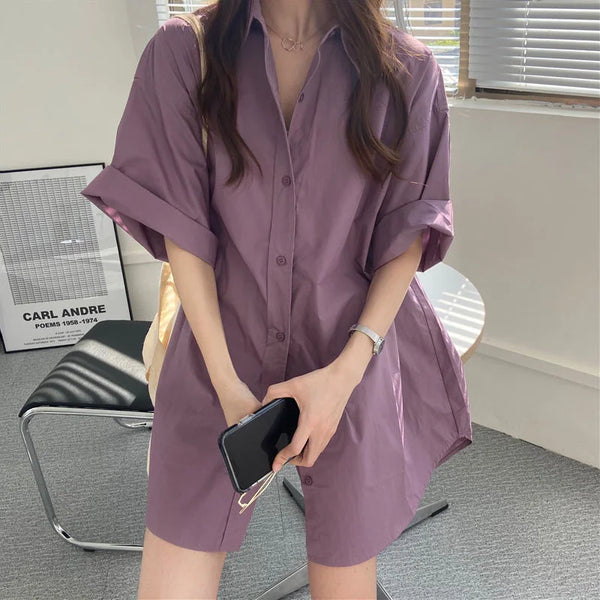 Korean Oversized Vintage Shirt | Purple & Blue Midi-Length Blouse - Women's Loose Fit Summer Shirt