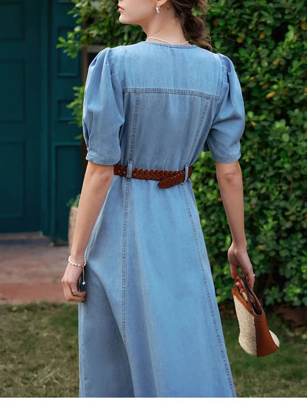 Vintage Denim Midi Dress | Square Neck Puff Sleeve Button-Down Dress - Women's Washed Denim Summer Dress