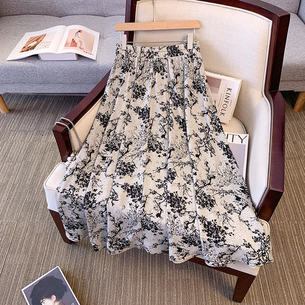 Plus Size Women's Chinese Print A-Line Skirt | Empire Waist Summer Skirt | Adjustable Length Polyester Maxi