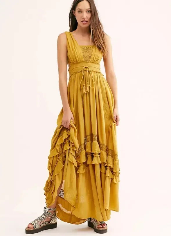 Boho Cotton Maxi Dress | Lace Trim Beach Cover Up - Women's Sleeveless Sundress with Elastic Waist & Ruffled Hem