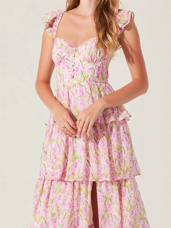 Off-Shoulder Floral Midi Dress | Ruffled Layer Summer Dress - Women's Cap Sleeve Party Dress for Garden Weddings