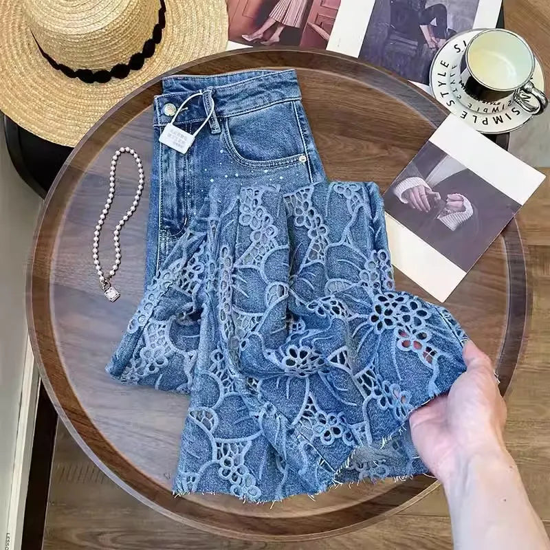 Women's Floral Embroidery Wide Leg Jeans | High Waist Lace-Spliced Summer Pants | Breathable Hollow Out Denim