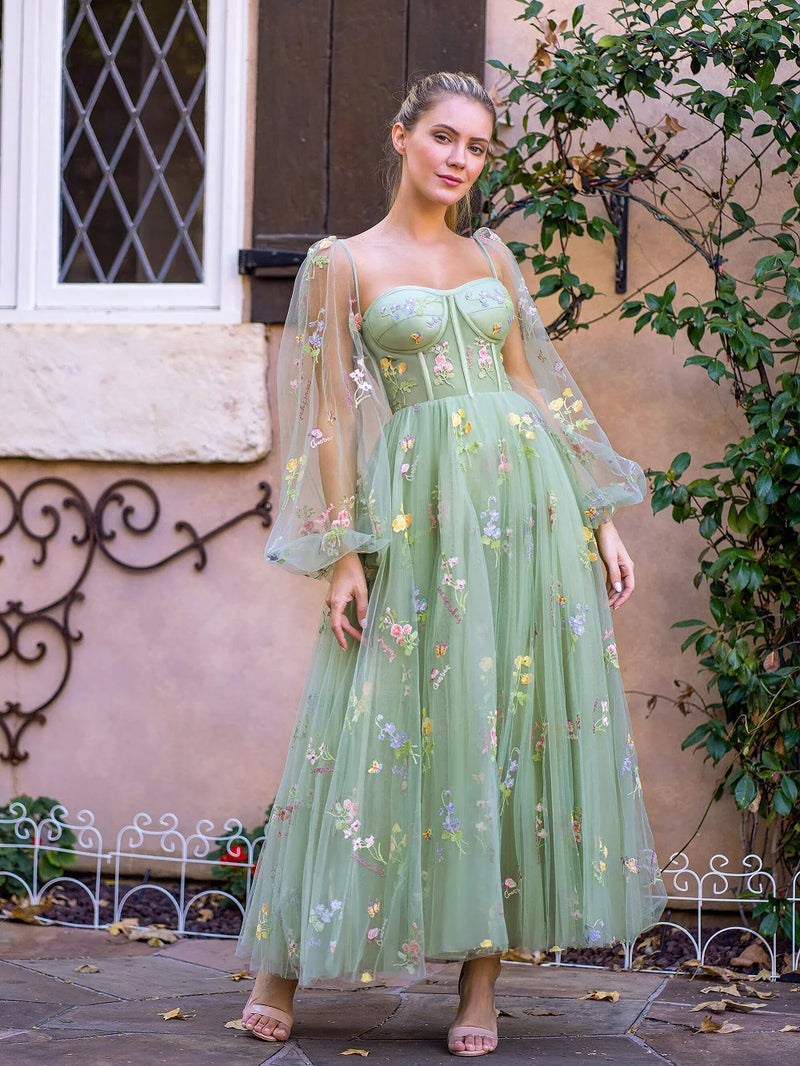 Floral Embroidered Tulle Maxi Dress | Puffy Sleeve Wedding Guest Dress - Women's Green Formal Gown with Lace-Up Back