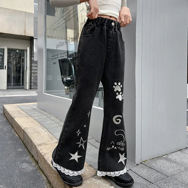 Girls' Black Flared Jeans | Vintage Wash Bootcut Denim | Stretch Cotton Kids Pants