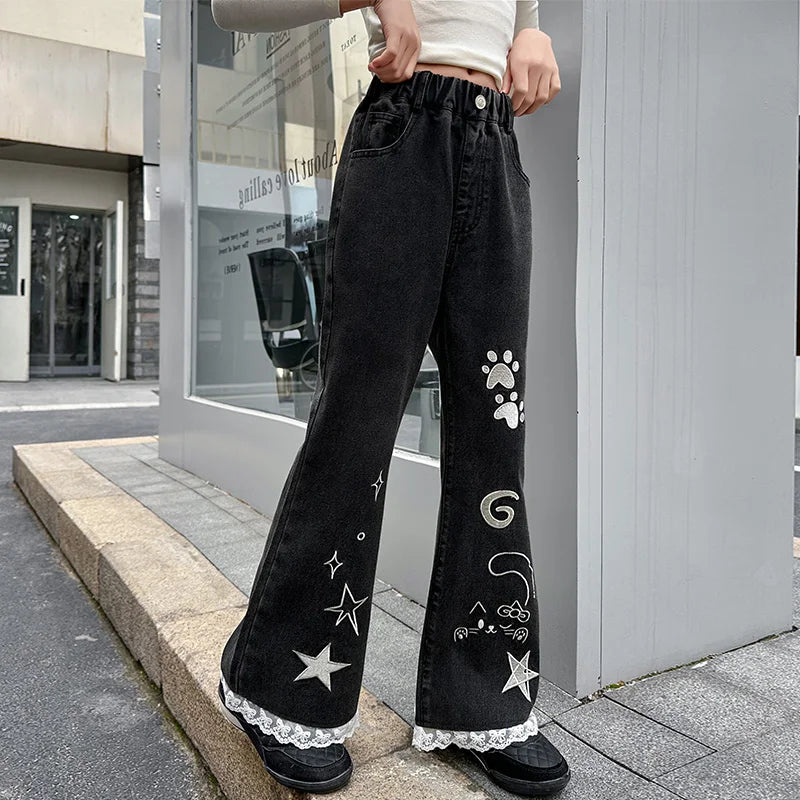Girls' Black Flared Jeans | Vintage Wash Bootcut Denim | Stretch Cotton Kids Pants