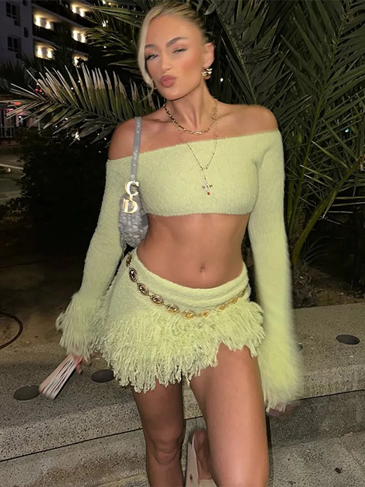 Women’s Off-Shoulder Tassel-Knit Long-Sleeve Crop Top & High-Waist Mini Skirt Two-Piece Beach Set