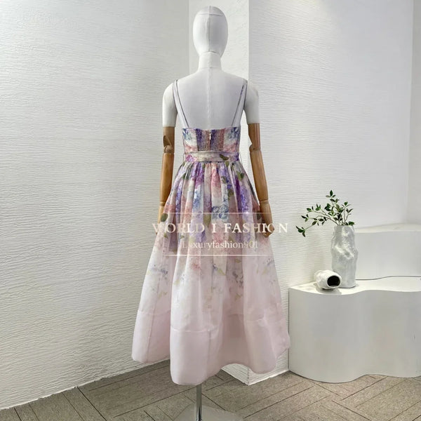 Women's Linen-Silk Floral Midi Dress | Vintage Square Neck & Empire Waist