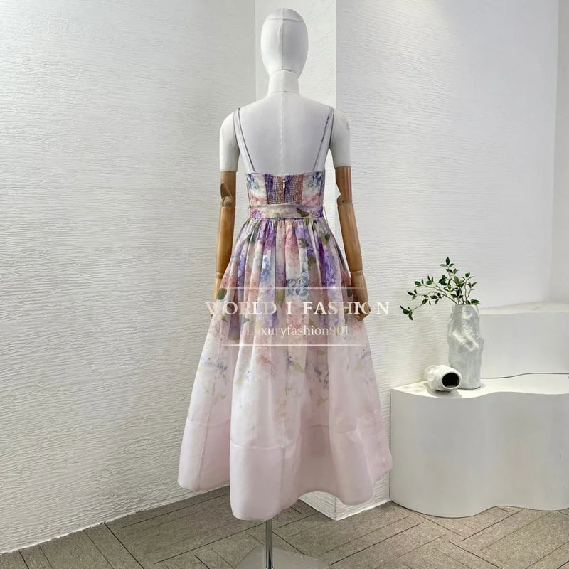 Women's Linen-Silk Floral Midi Dress | Vintage Square Neck & Empire Waist