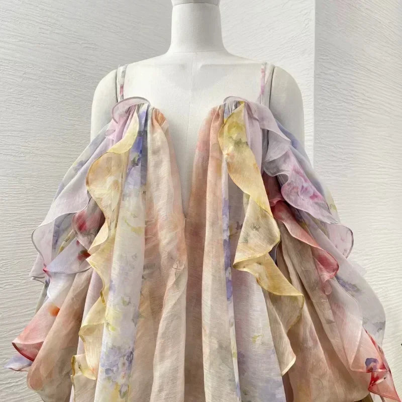 Women's Linen-Silk Maxi Dress | Floral Off-Shoulder Beach Dress with Backless Detail