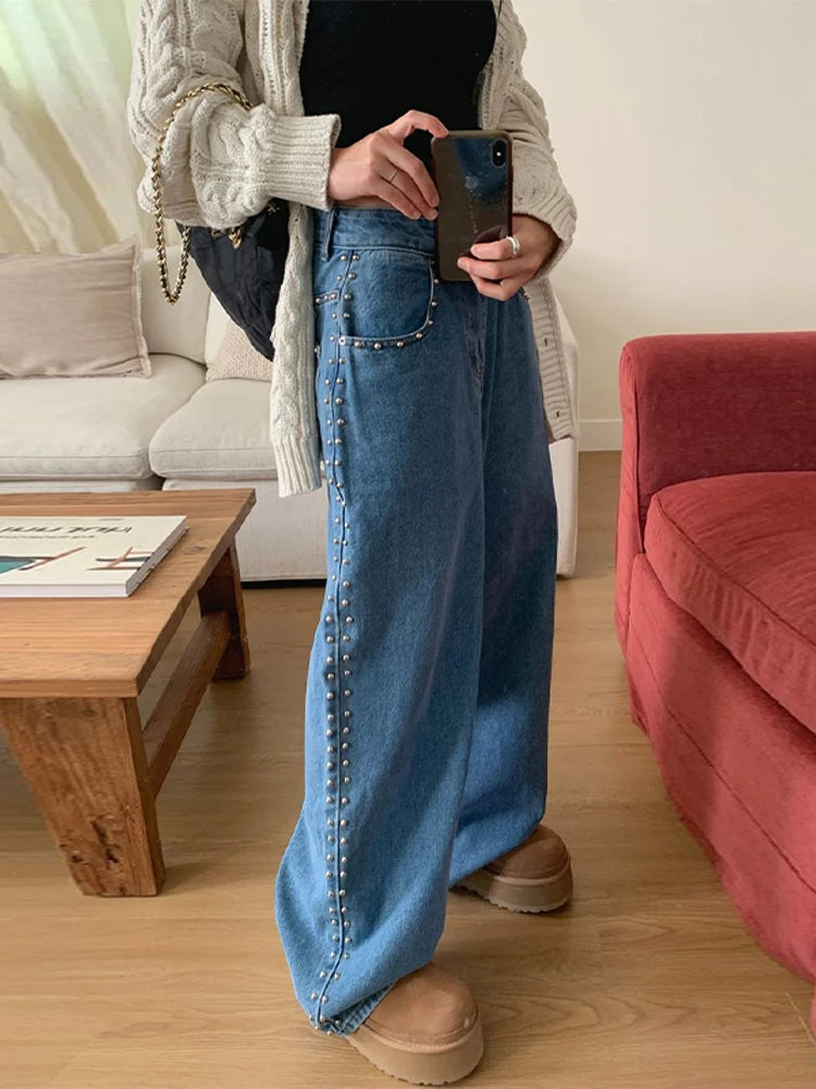 Women's Wide-Leg Jeans | High-Waisted Metal Rivet Denim | Distressed Vintage Trousers with Embroidered Flares