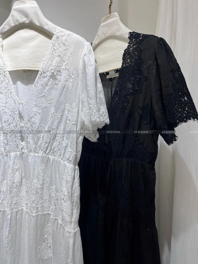 Breathable Ramie Midi Dress | Lace-Embroidered V-Neck Summer Dress - Women's Vintage Hollow Out Lace Dress