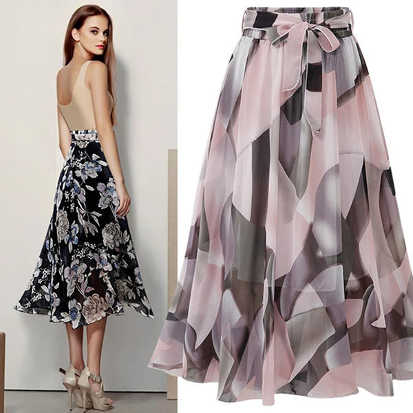 Plus Size Floral Midi Skirt | Adjustable Length Chiffon Skirt | Boho A-Line Beach Skirt with Belt