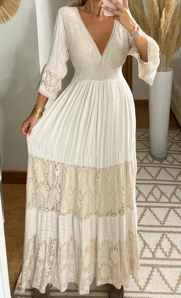Boho Maxi Dress with Crochet Lace & Floral Embroidery | Split Hem Beach Cover-Up Dress for Women