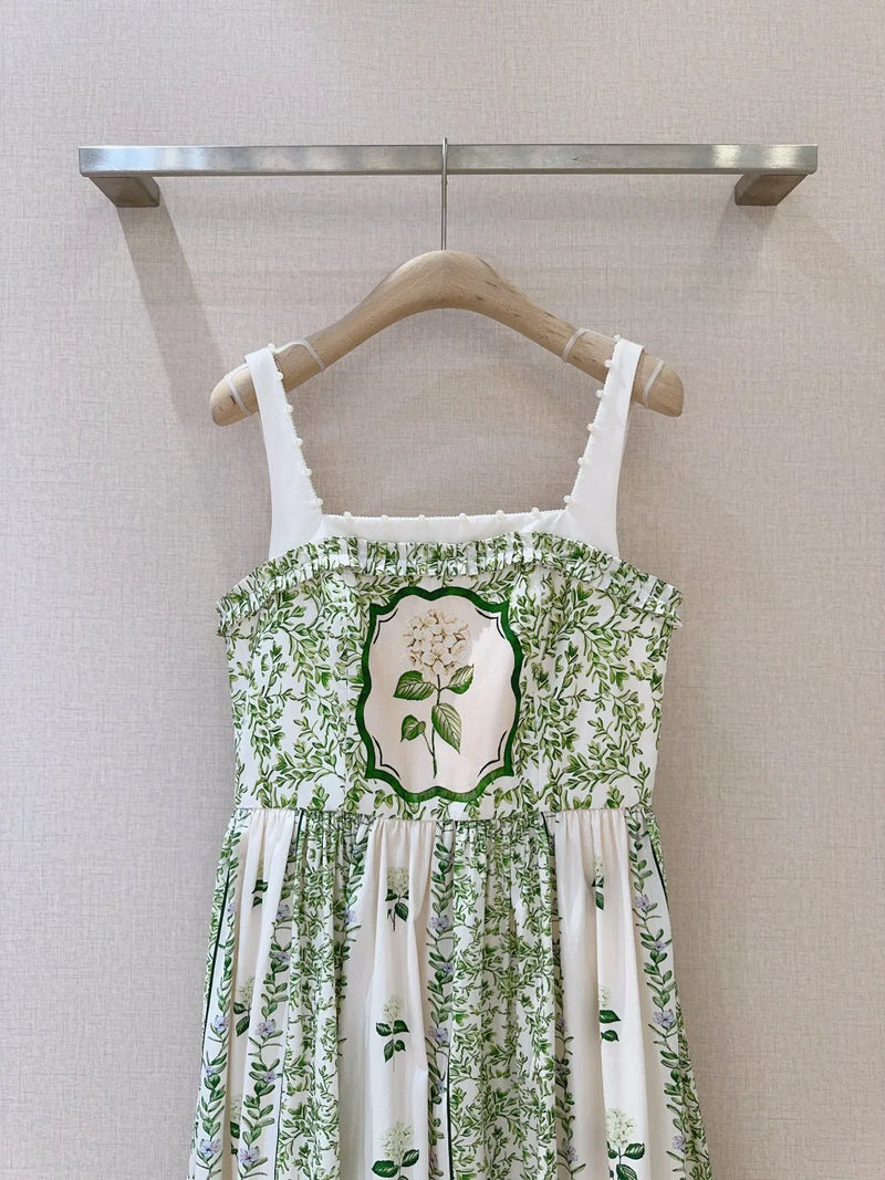 Women's Floral Maxi Dress | Pearl-Embellished Square Neck & High Waist Design