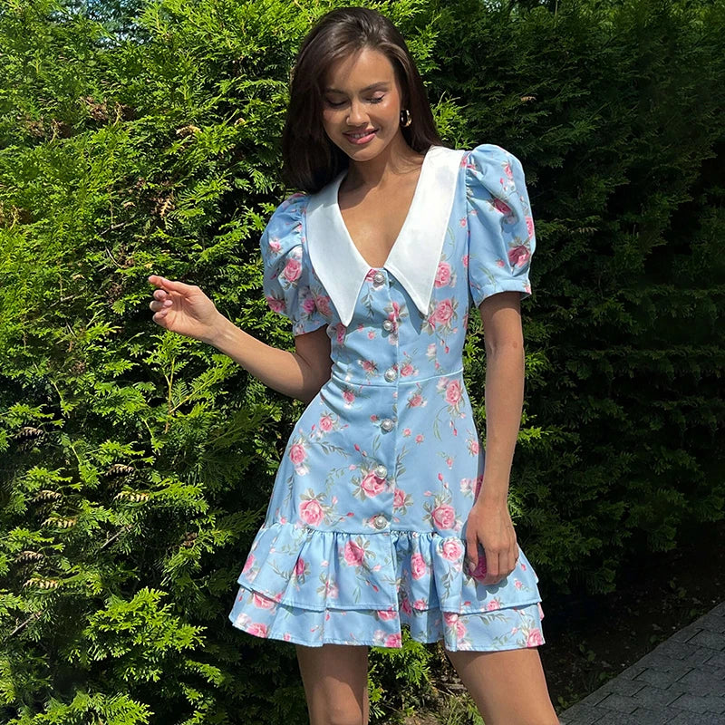 Puff Sleeve Mini Dress | Floral Print V-Neck Dress with Pearl Buttons - Women's Ruffled Vacation Dress