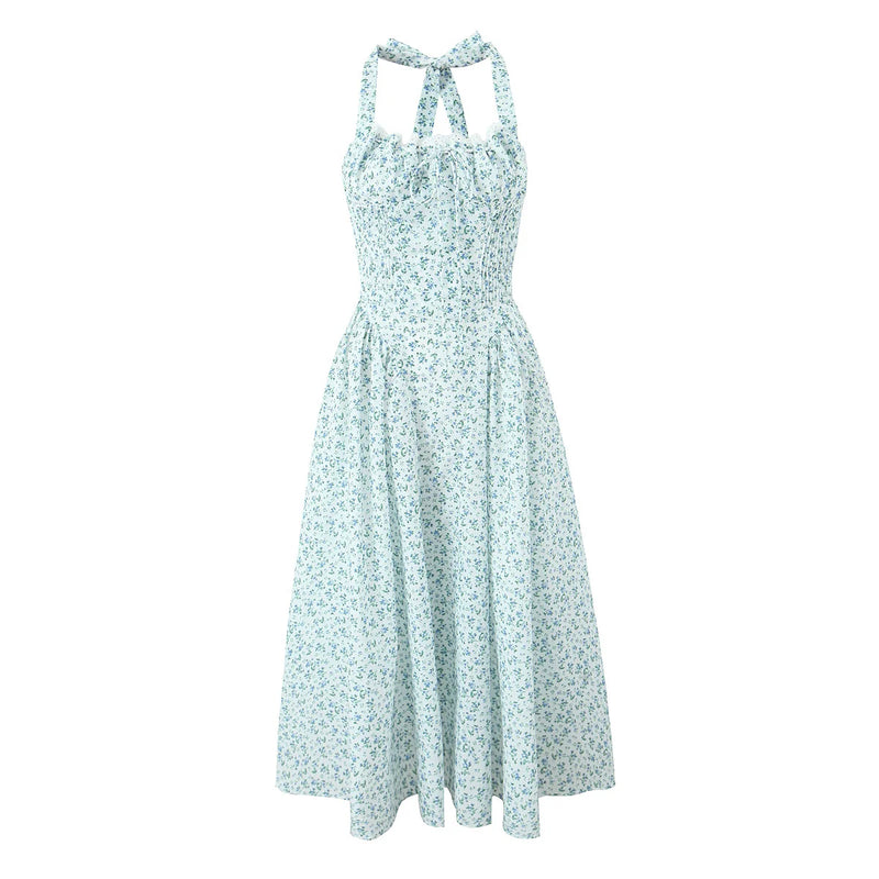 Backless Halter Midi Dress | Floral Lace Trim Dress with Low Waist - Women's Sexy Summer Party Dress