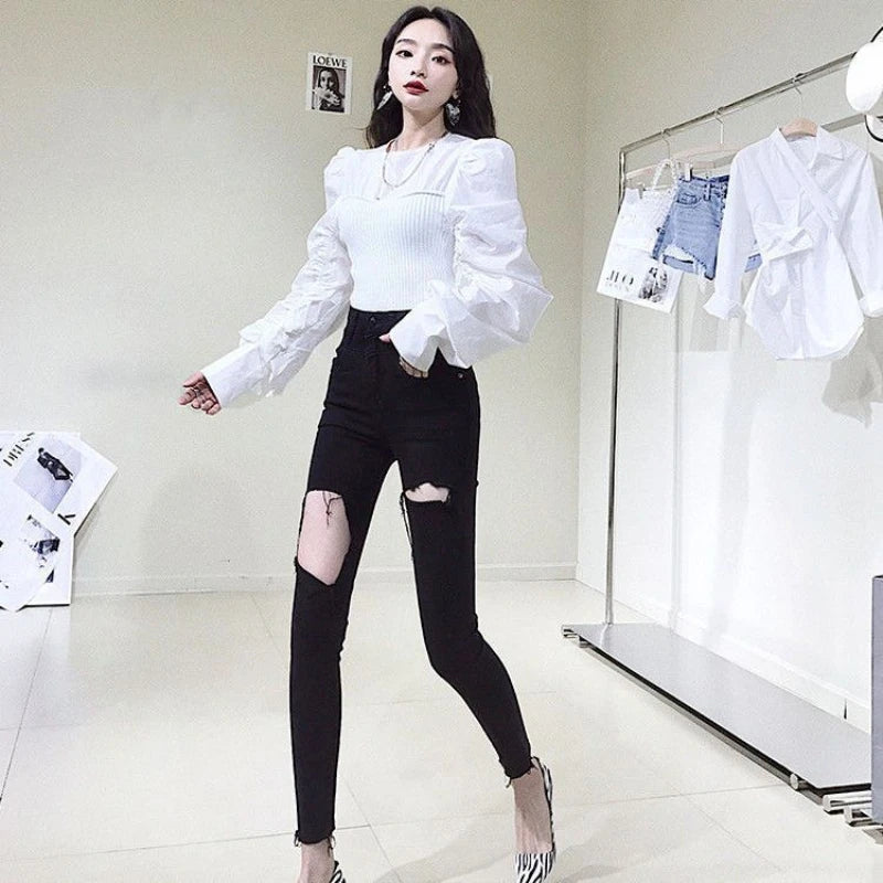 Women's Harajuku Skinny Jeans | Vintage High-Waisted Ripped Ankle Trousers | Stretch Cropped Pencil Pants