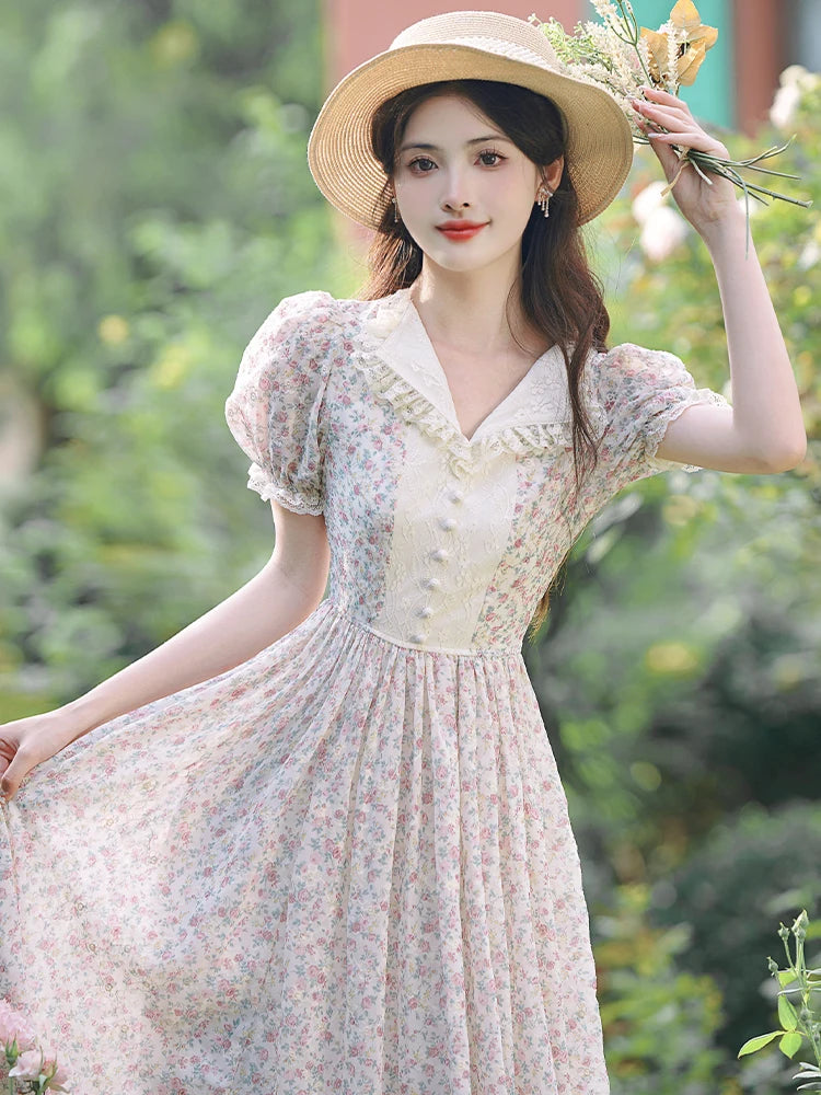 French Prairie Dress | Floral Lace Trim Puff Sleeve Dress - Women's Empire Waist Midi Dress for Garden Parties
