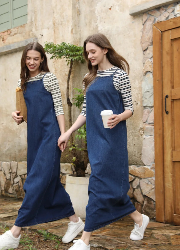Adjustable Strap Denim Jumper Dress - Women's Vintage Overalls Style Ankle-Length Dress with Slash Neck